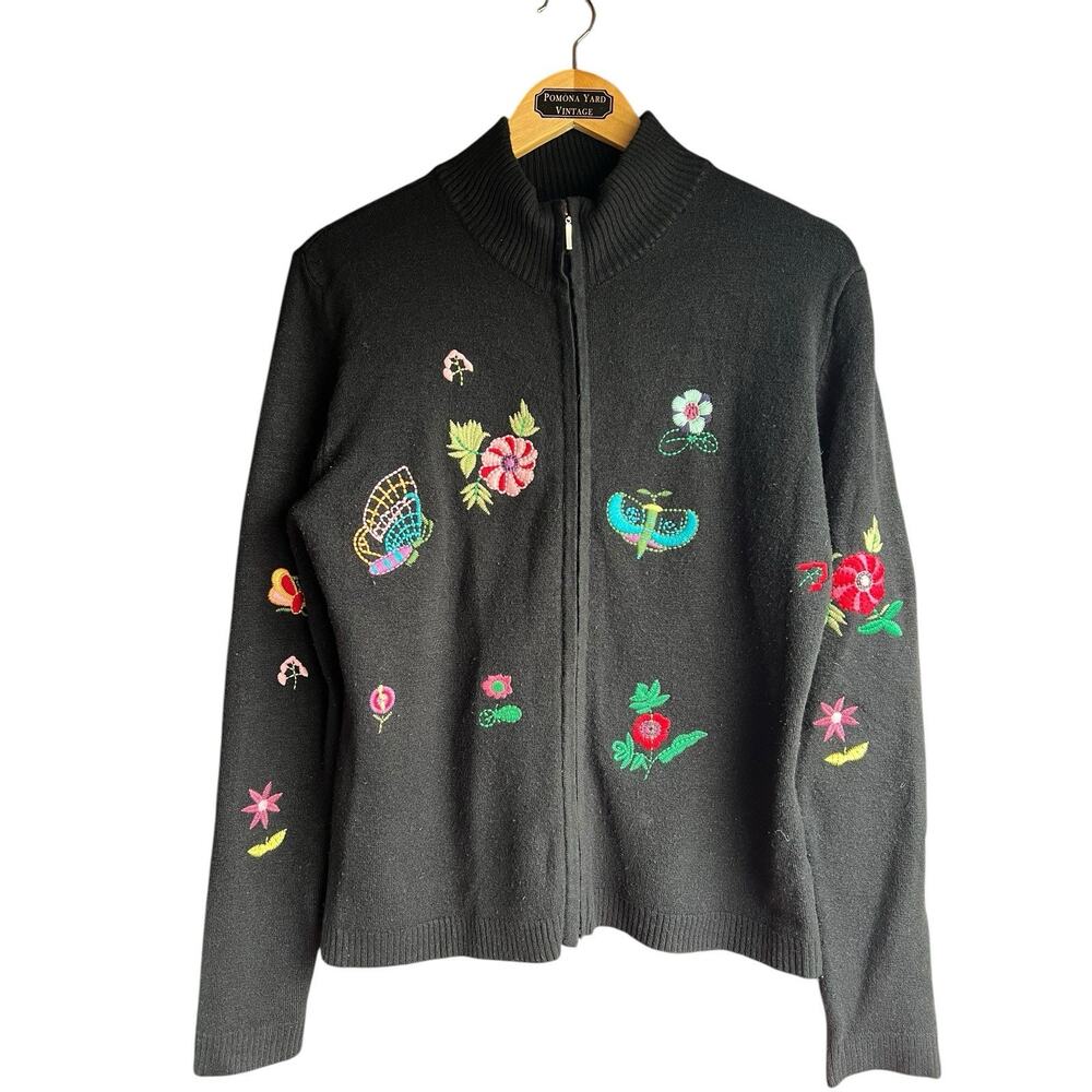 Black Embroidered Zip-Up Cardigan Sweater
